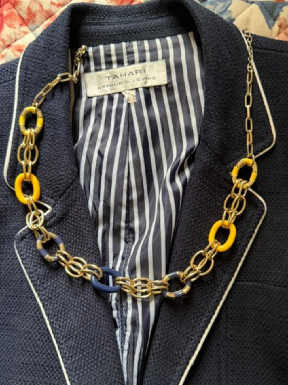 Talbots Yellow Navy & Gold-Colored Necklace nautical style w/ adjustable clasp